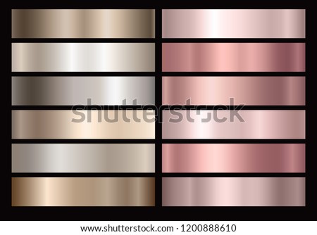 Gold rose, bronze, metal silver and gold texture set isolated on black background. Vector golden metallic gradient collection for gold pink or chrome border, frame, ribbon, label design.