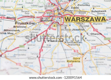 Macro images of Warsaw (Warszawa, Poland) on map.