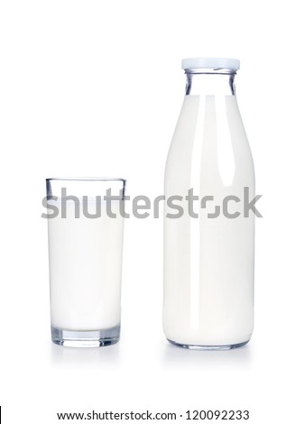 Glass of milk and bottle on white background