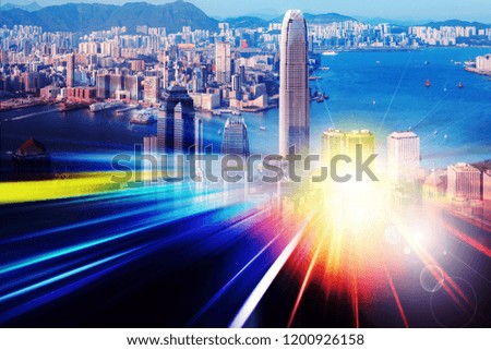 Abstract Light trails background with Hong Kong City scraper. double exposure