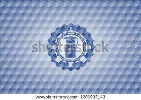 Phd thesis icon inside blue emblem with geometric pattern background.