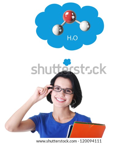 Teen girl thinking about chemistry. Isolated on white background.