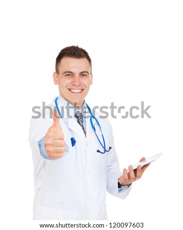 medical doctor man smile with stethoscope show hand with thumb up gesture, hold tablet computer pc. Happy toothy smiling Isolated over white background