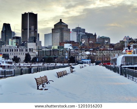 Snow-covered benches along one of Montreal's historic piers (boardwalk/ waterfront park/ harbor) and the skyline of downtown Montreal in background - Montreal, Quebec, Canada (Winter) 
