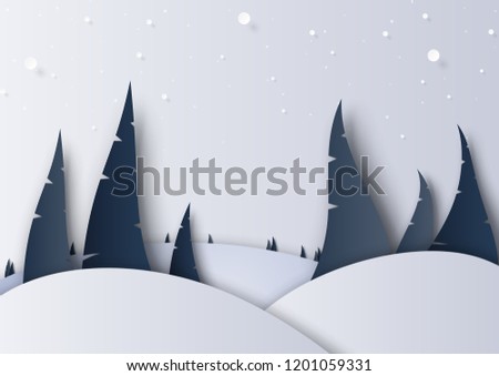 Winter season landscape with snow and pine forest for merry christmas and happy new year background paper art style.Vector illustration.