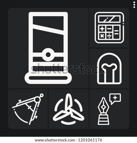 Set of 6 equipment outline icons such as helmet, guillotine, compass, calculator, turbine