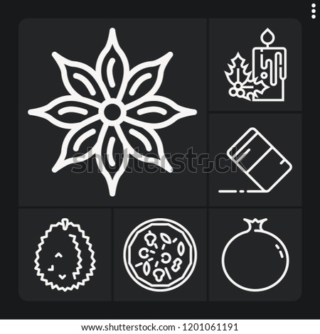 Set of 6 closeup outline icons such as candle, durian, eraser, anise, pizza