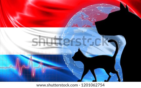 Black cat and dog on the background of the flag of Luxembourg. Emergency help for pets. Vet clinic