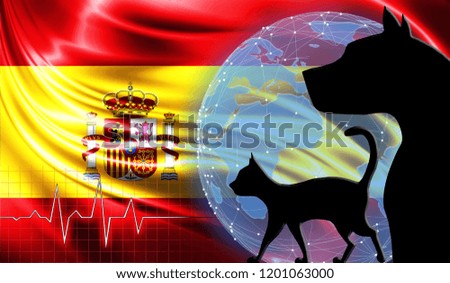Black cat and dog on the background of the flag of Spain. Emergency help for pets. Vet clinic