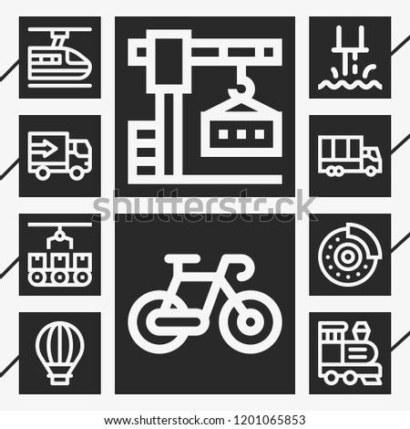 10 transportation  outline style icons about industry, disc brake, crane, conveyor, train, hot air balloon, subway, lorry, bike