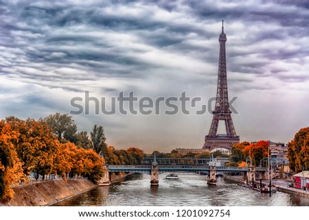 Paris, France. Autumn landscape with bridges on the Seine and the Eiffel Tower.