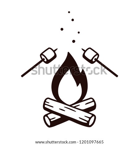 Black and white drawing of bonfire and marshmallows on stick. Simple retro style camping illustration, isolated vector clip art.