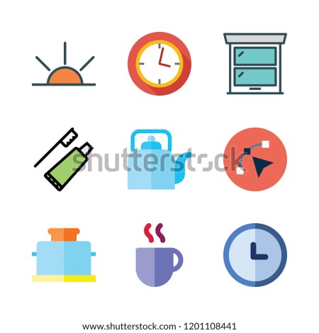 morning icon set. vector set about clock, sunrise, toaster and coffee cup icons set.