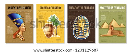 Egypt posters set with images of pharaoh tomb mysterious pyramid and ancient artifacts cartoon vector illustration Royalty-Free Stock Photo #1201129687