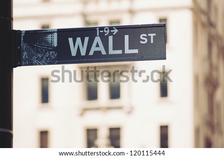 Wall Street sign in downtown Manhattan, New York City..