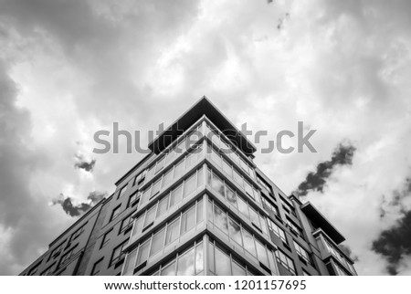 Abstract modern architectural design and detail. Modern building exterior facade. Abstract color background. Urban street photography. Moody architecture photography.