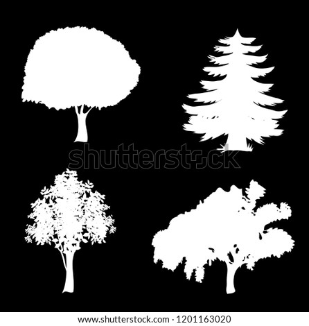 White vector set of trees icons. Black silhouettes of foliar and pine trees isolated on black background.