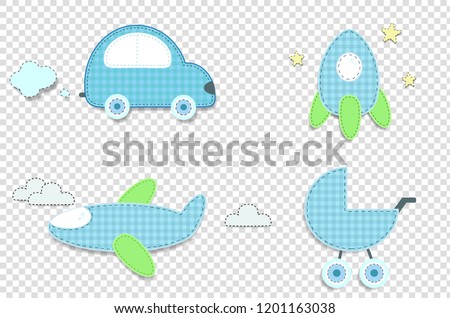 Vector set of cute baby boy elements for scrapbook or baby shower greeting card and kids design. Cut out fabric or paper chequered blue stickers as car, rocket, buggy, airplane isolated on transparent