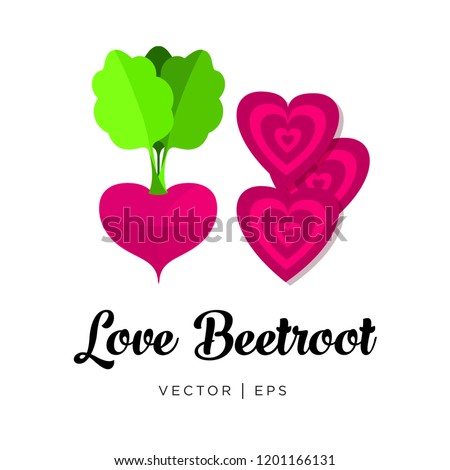 Fresh red beetroot, cut sliced, haulm, vector editable illustration. Flat simple style, heart shape, loving food concept.