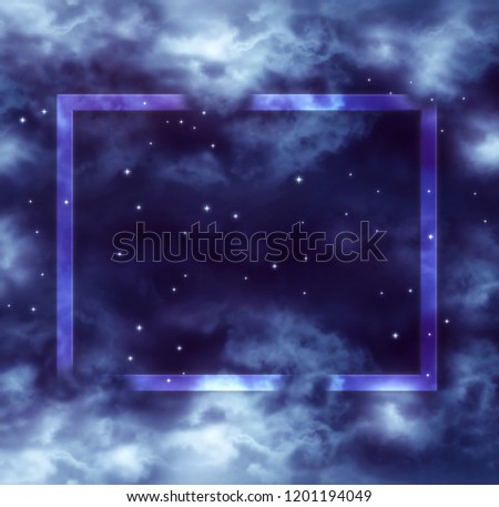 Mysterious cosmic background of night sky with shining stars, clouds and frame