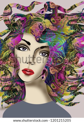art colorful illustration with face of beautiful girl with long curly floral hair on background in graphic and watercolor style