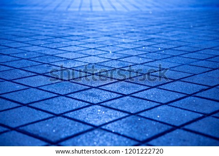 Pattern created by paving slabs in the moonlight. Night photo of the square from the masonry. Paving slabs of blue cold color. Symmetrical fascinating pattern for design. Resource for graphic designer