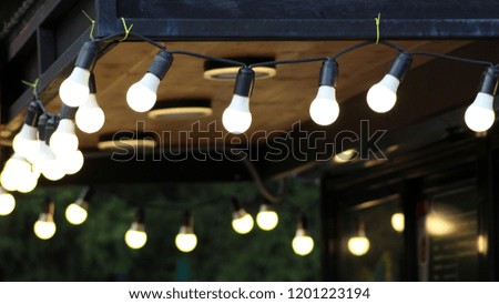 Photo of Hanging light bulbs with depth of field. Modern art, decor