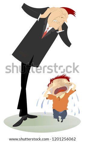Upset man and crying child illustration. The man closes his ears by hands do not want to hear a crying boy isolated on white illustration
