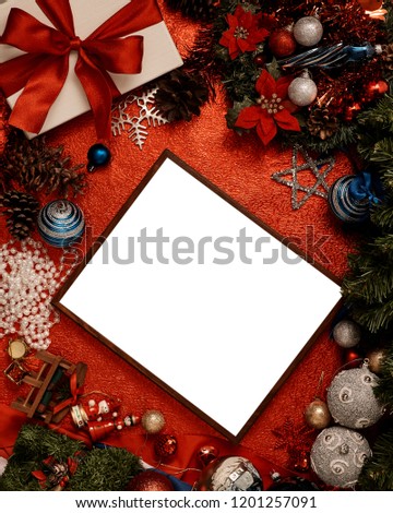 Christmas gift boxes with empty Cork board placed on red paper background. Copy space for text