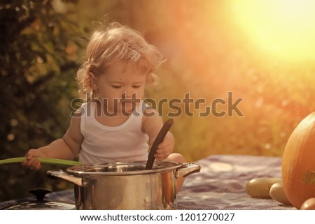 Small boy at picnic holding ladle sitting near pot among orange pumpkin red tomato squash and cucumber playing with food on blue checkered plaid on natural background sunny day, horizontal picture