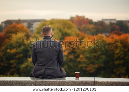 Lone man sitting on the stone bench and looking at nature. Back view