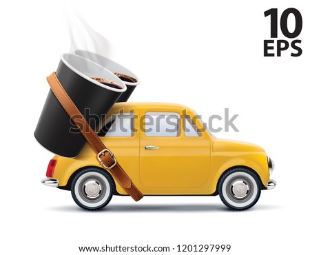 Paper cups of coffee on car isolated on white. Realistic vector 3d illustration