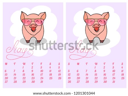 Cute cartoon fun calendar for May 2019. Year of pig