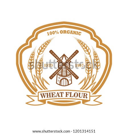Wheat flour label template with wind mill. Design element for logo, emblem, sign, poster, t shirt. Vector illustration