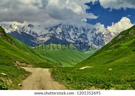 Beautiful landscape of mountain Georgia. Caucasus mountains and ancient national villages.