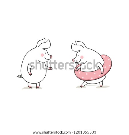 Vector illustration of cute pigs on the beach, cartoon design isolated on a white background