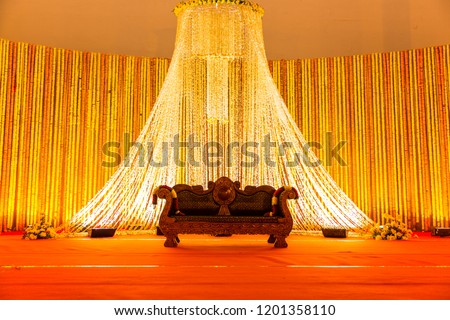 Indian Wedding Stage.Indian wedding decoration. Indian beautiful marriage decoration with flowers