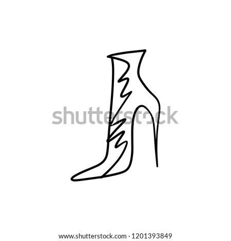 Hand drawn beautiful leather woman boot with high heel. Fashion illustration isolated on white background, girl sketch, shopping label or shoestore logotype. Handwritten style text Royalty-Free Stock Photo #1201393849