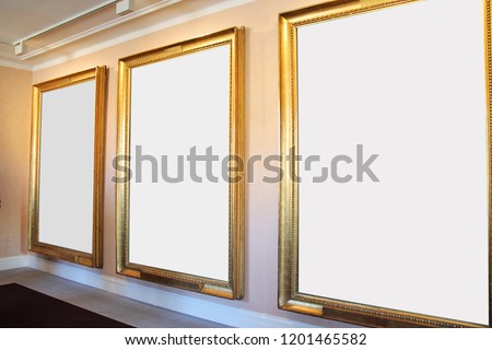Three Big Perspective Picture Frames in Art Museum Gallery Exhibition. Blank White Isolated Clipping Path.