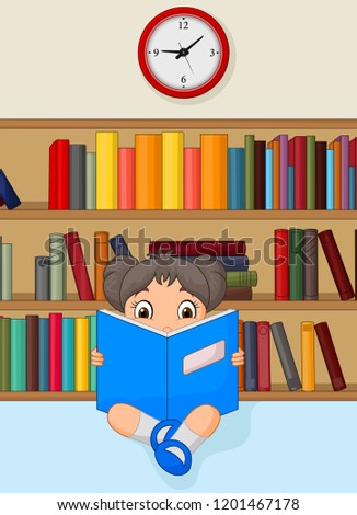 Girl Cartoon Reading a Book in Library 
