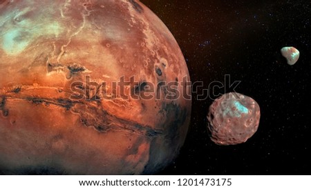 Mars with its two cratered moons Phobos and Deimos. Elements of this image furnished by NASA. Royalty-Free Stock Photo #1201473175