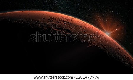 Mars high resolution image. Mars is a planet of the solar system. Sunrise with lens flare. Elements of this image furnished by NASA. Royalty-Free Stock Photo #1201477996