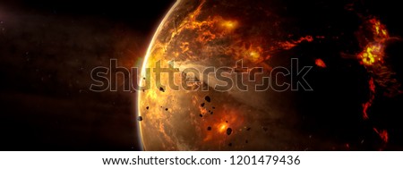 Landscape in fantasy alien star flaming with galaxy background. Elements of this image furnished by NASA.