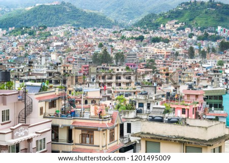 View of Nepalese urban neighborhood, as seen from hill overlooking Kathmandu, Nepal