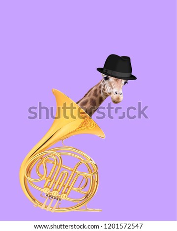 Contemporary art collage. Giraffe peeking out of saxophone.