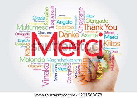 Merci (Thank You in French) Word Cloud with marker, all languages