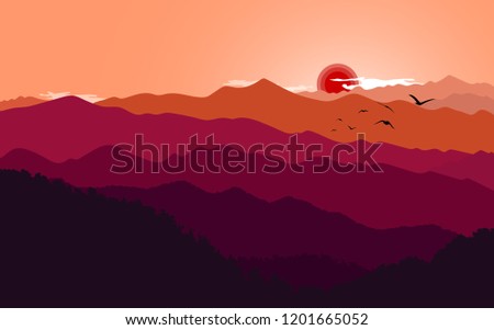 Vector mountains landscape with organ sky, sunset with flying birds