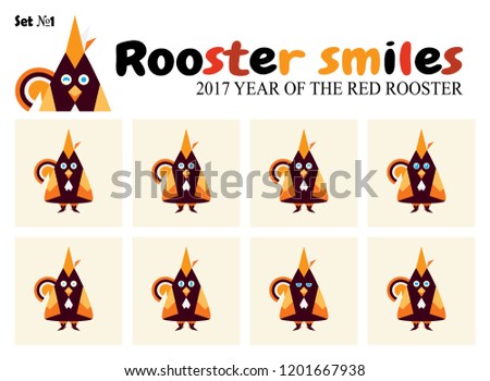 Vector flat icon set. Kawaii roosters, chickens smiles with different face expression. Abstract animal, flat bird smiles. Happy, fun, shy, sly, grumpy, scared face. Cartoon character, set 1
