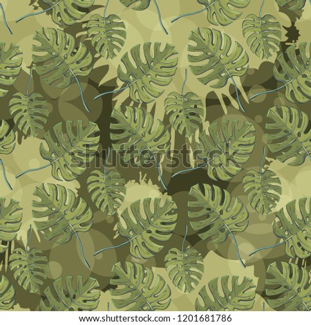 Monstera plant leaves Vector seamless pattern with floral  elements on a green military colors blots ink background.Endless texture for season spring design.
