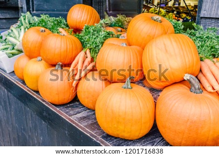 Fresh whole organic orange pumpkins on a stall along side some fresh carrots ready for sale.